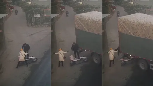 驚悚影片｜好心幫自摔女騎士　他慘遭身後貨車甩尾KO重傷