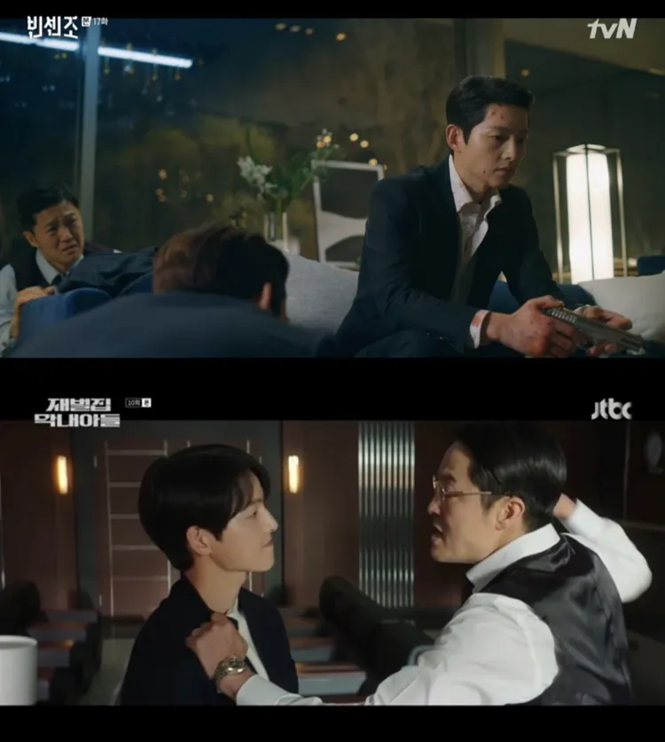 宋仲基（上圖右）上部戲《黑道律師文森佐》跟趙漢哲對立，《財閥家的小兒子》當叔侄依舊戶不對盤。翻攝tvN、JTBC