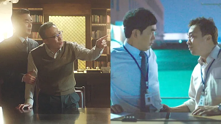 鄭熙泰（左圖左）在《財閥家的小兒子》對會長李星民忠心耿耿，他2014年演出《未生》，則看不慣李星民。翻攝friDay影音、tvN