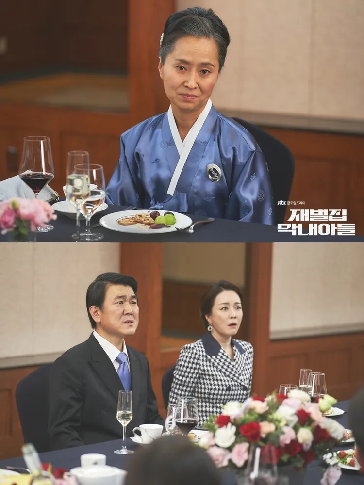 金玄（上圖）戲外比長子尹帝文（下圖左）還小1歲，跟長媳金正蘭同年。翻攝JTBC、friDay影音提供