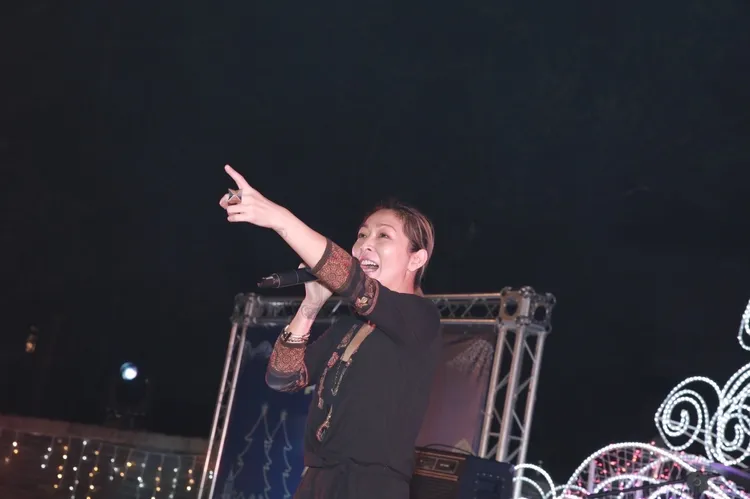 歌手林曉培歌聲高亢清亮，在「山谷燈光節」谷關音樂會上飆高音，讓現場民眾嗨翻天。參山處提供