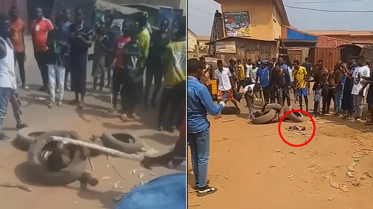 村民以棍棒虐打挖掘嬰屍的男子，行刑時嬰屍（紅圈處）就放在一旁。翻攝自推特