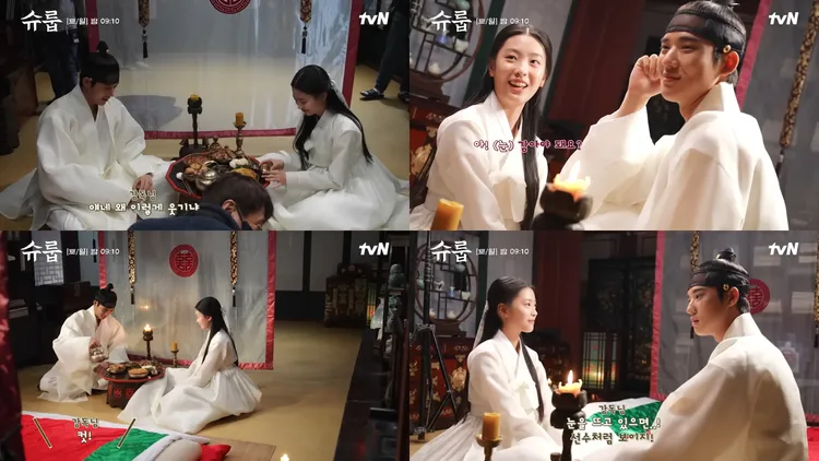 文相敏、吳藝珠拍圓房戲時非常緊張，幕後花絮中頻頻被導演喊卡。翻攝tvN