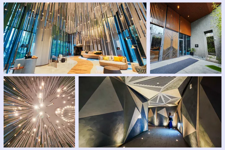穿過四方竹小徑、進入挑高大廳，從天花板垂吊下的銀色竹林，閃耀燈光點點。田欣雲攝