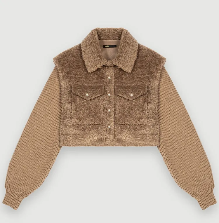 引起李晶晶、瑞瑪席丹與王思平撞衫的Maje針織衣袖拼接毛絨外套，1萬6490元。品牌提供