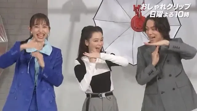 徐若瑄（中）上節目受訪，教主持人山崎育三郎、井桁弘惠跳《時機》。翻攝oshare_clip_ntv推特