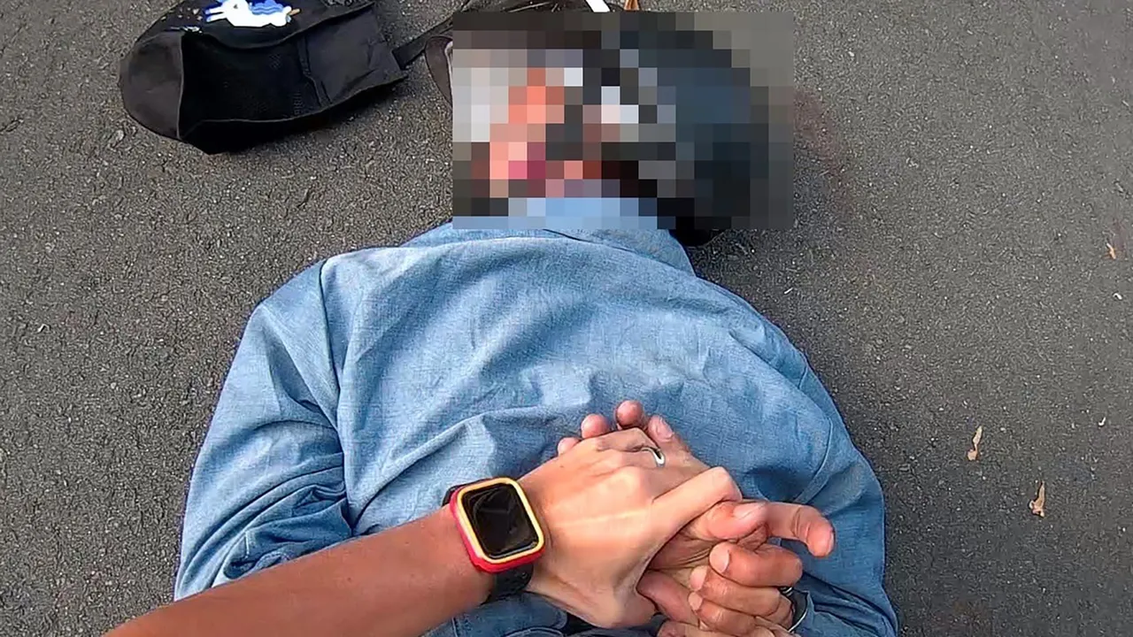 陳男跑輸警察，被壓制在地。讀者提供