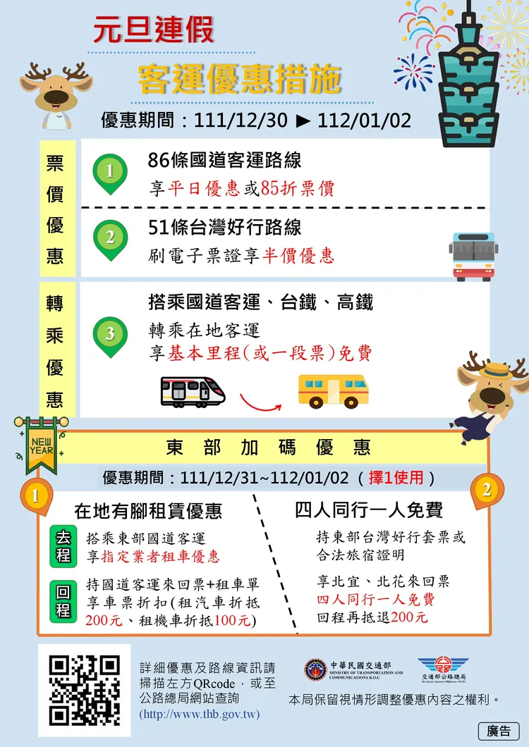 公路總局推出元旦連假客運優惠措施。宜蘭監理站提供