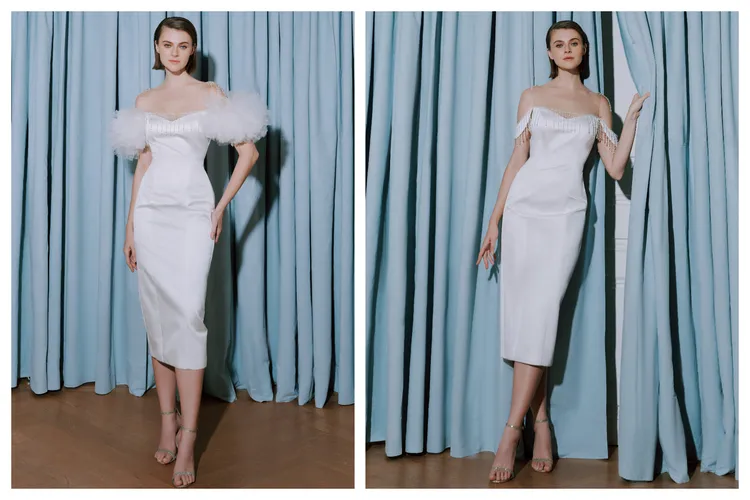 禮服上的羽毛袖套（左圖）拆卸後，禮服變化為簡約合身洋裝。品牌提供