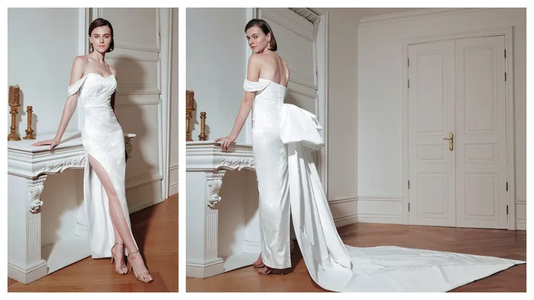 訂製婚紗的絲緞蝴蝶結長襬亦是可拆卸設計。品牌提供