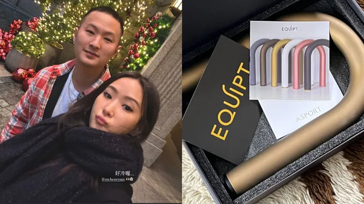 微風董娘孫芸芸（左圖右）在近日急凍天氣中，找來親弟孫智宏（左圖左）取暖，更在IG上分享各家品牌為她送上的聖誕賀禮，其中一款為運動選品店ASPORT進的運動輔具（右圖）。翻攝aimeeyunyunsun IG