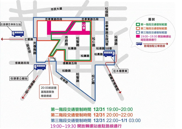 北市府周邊31日晚間7時起至隔天凌晨3時分3階段交通管制。交通局提供