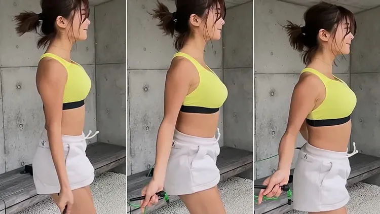藤田桃測試號稱防震動的運動內衣。翻攝自YouTube