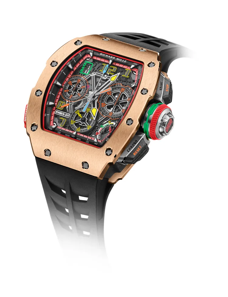 RICHARD MILLE RM 65-01 18K 5N紅金搭配Carbon TPT碳纖維雙追針計時碼錶，約1073萬元。品牌提供