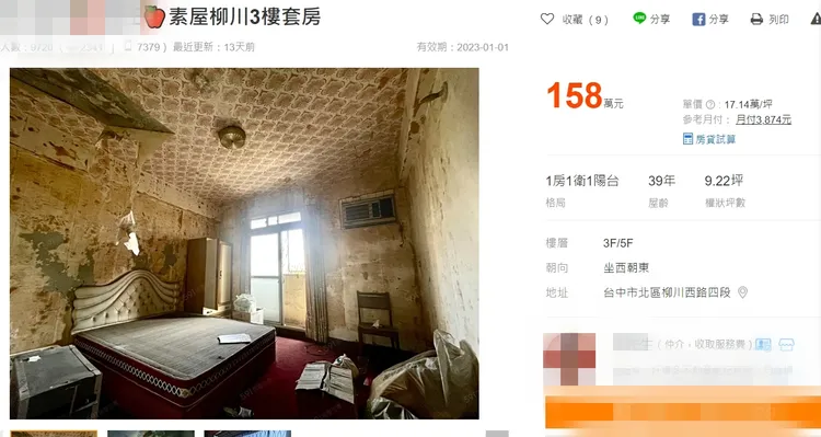 該台中老公寓開價158萬求售，因屋況太糟糕，被網友形容毛骨悚然。翻攝519房屋網。