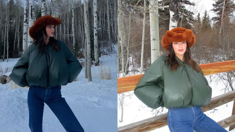 辣模肯黛兒傑納曬出穿著時裝品牌LOEWE的小羊皮飛行員夾克照片，結果遭網友嘲諷外套像是屁股或男性的蛋蛋。翻攝kendalljenner IG