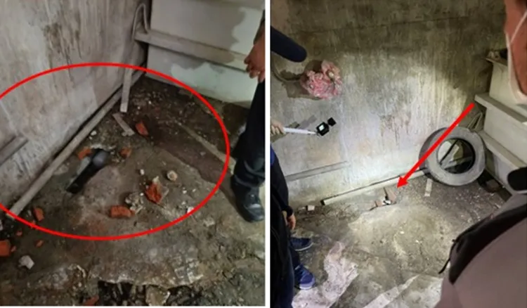 陳男利用事先在屋內鑿穿地板的孔洞，將廢液逕自排放至排水溝順流而下。新竹地檢署提供