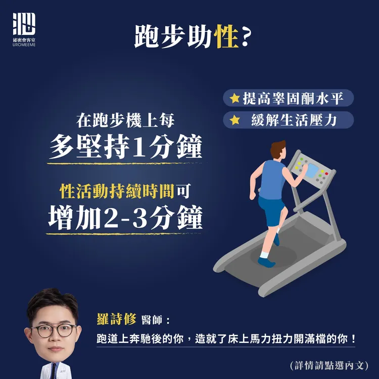 泌尿科專業醫師醫師陳偉傑與羅詩修醫師指出，根據研究，在跑步機上每多堅持1分鐘，性活動持續時間可增加2-3分鐘。示意圖。翻攝《泌密會客室 - 陳偉傑醫師 x 羅詩修醫師》粉絲頁