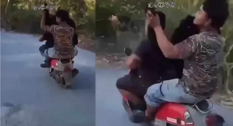 黑熊遭槍殺後續，獵人騎機車載著黑熊遊街炫耀。取自記者爆料網