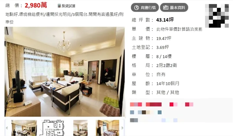 雙城街上最近有某14層大樓求售，權狀43.14坪的8樓戶、開價2980萬元，標榜鄰近捷運中山國小站，建物位於晴光商圈機能便利性佳。翻攝售屋平台