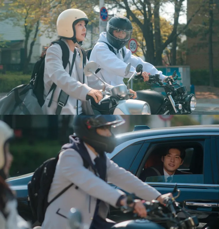辛叡恩（上圖左）、羅門劇中騎小綿羊與125重機代步，羨慕徐志焄（下圖右）有名車接送。翻攝Disney+
