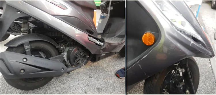黃姓女子機車報撞倒後，又車側出現大片刮痕。讀者提供