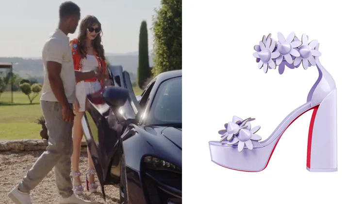 艾蜜莉選穿的立體小雛菊「紅底鞋」（左，翻攝Netflix），少女心爆棚；Daisy Spikes Alta粉紫色小雛菊裝飾厚底高跟鞋（右，品牌提供），4萬7500元。