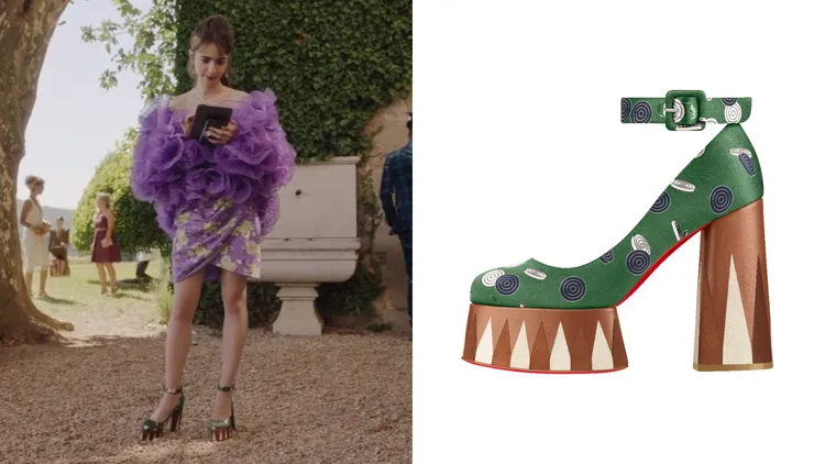艾蜜莉在第6集前往南法普羅旺斯舉辦的場合（左，翻攝Netflix），又再次選穿「紅底鞋」限量款上陣；LOUBI MYSTERY限量系列Yazefir綠色拼接咖啡色厚底繫帶厚底鞋（右，品牌提供），6萬9200元。
