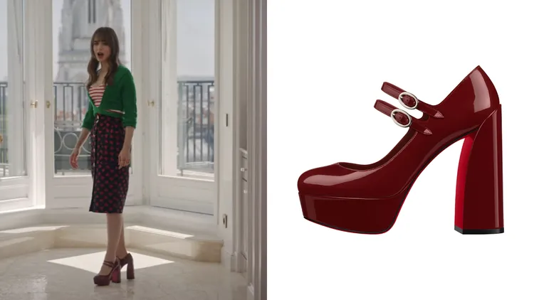 Christian Louboutin的瑪莉珍鞋（左，翻攝Netflix），讓艾蜜莉增添不少法式情調；Movida Jane 紅色漆皮厚底瑪莉珍鞋（右，品牌提供），3萬7100元。
