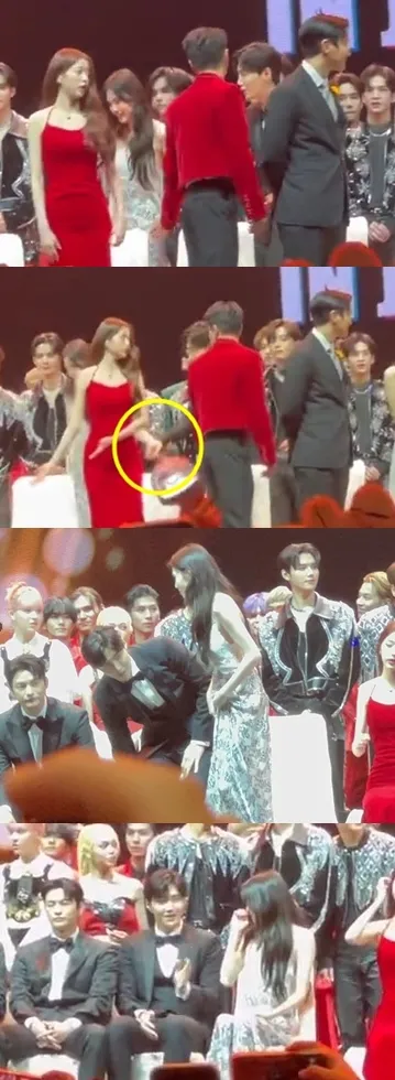 韓素希拉著金宣虎的衣袖往前走，領著他一起到前座。翻攝推特