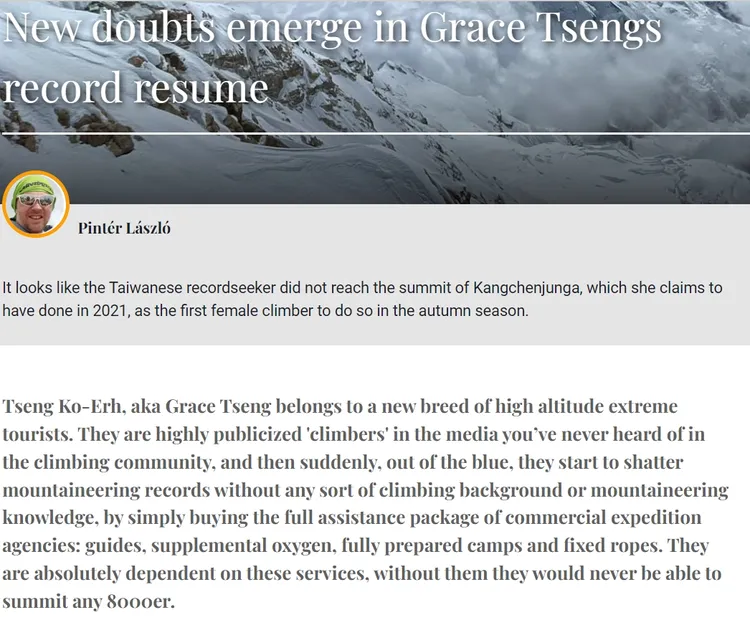 Pintér報導中對曾格爾登頂干城章嘉峰提出質疑。翻攝自Pintér