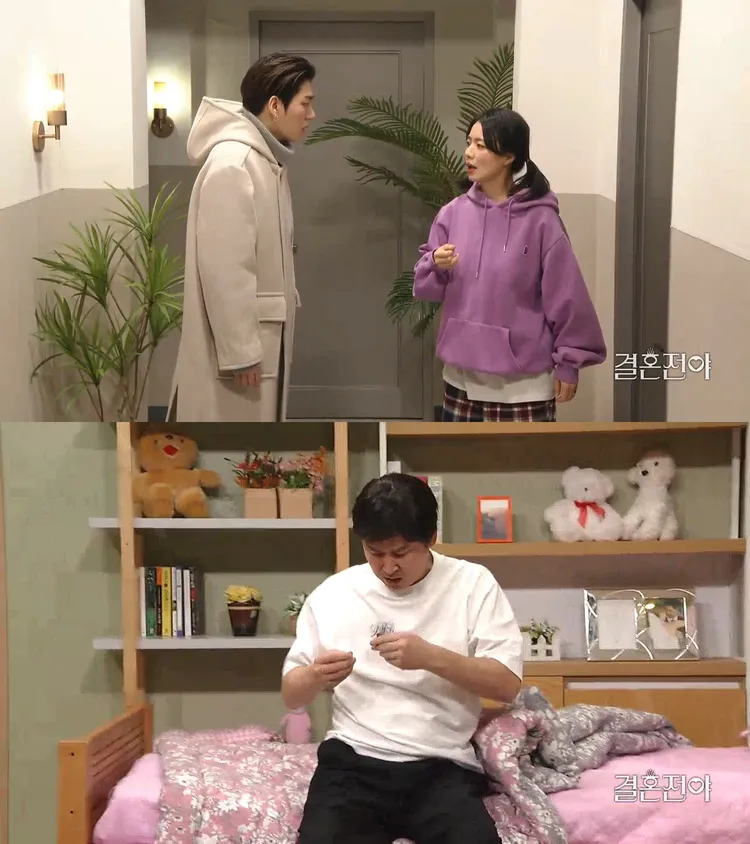 ZICO（上圖左）在《週六夜現場》「結婚前夜」單元劇飾演安英美（上圖右）的前男友，看到自己買的床墊還沒被丟掉。翻攝COUPANG PLAY