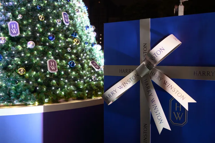 聖誕樹旁擺有海瑞溫斯頓的包裝盒。品牌提供