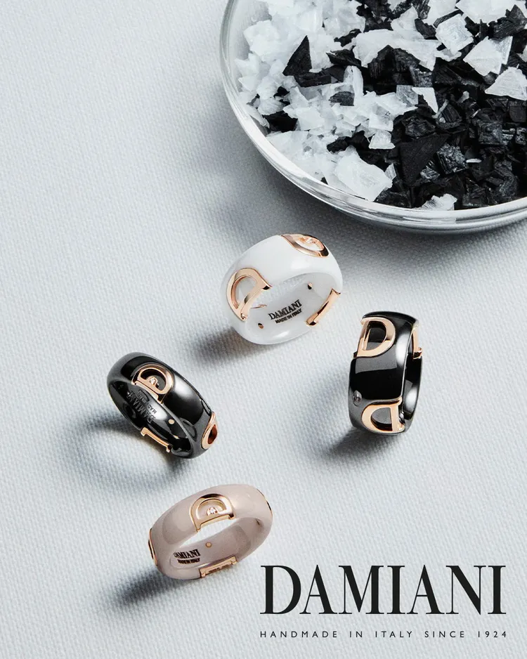 DAMIANI D.Icon玫瑰金黑、白與卡布奇諾色陶瓷鑲鑽戒指，各3萬5300元。品牌提供