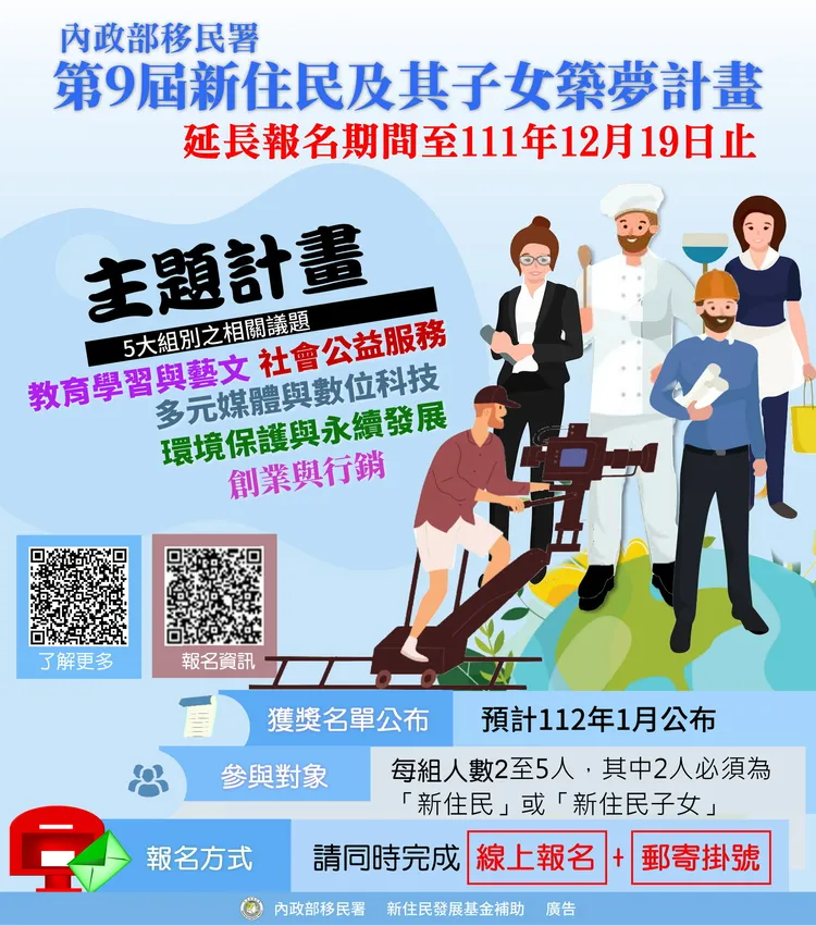 新住民及其子女築夢計畫報名期間已延長至12月19日。移民署提供