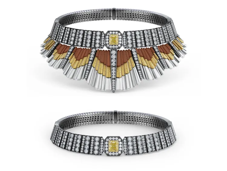 The Alchemist of Light by De Beers高級珠寶系列Light Rays領片項鍊，下端經電鍍的流蘇處可拆卸，約1470萬元。品牌提供