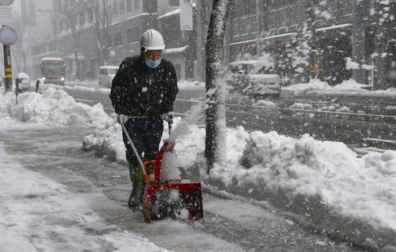 金澤市一名男子23日在積雪街道除雪。路透社