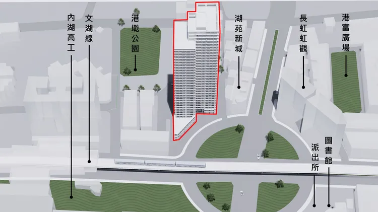 明園大廈位於捷運港墘站旁圓環。北市府提供