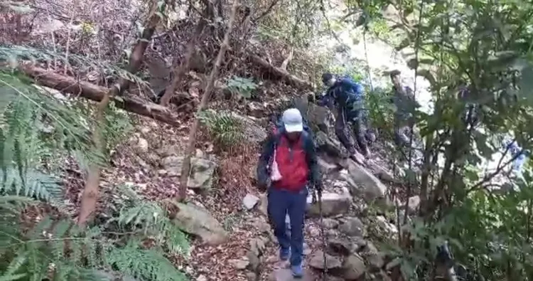 鄭男隨搜救人員下山。李陳信得攝