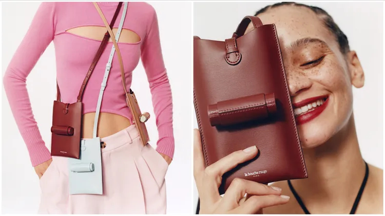 La bouche rouge摩登奢華訂製皮革包，共有3色選，外層立體環套可用於收納唇膏，各6400元。品牌提供