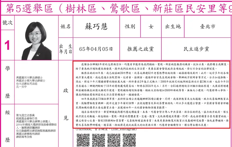 蘇巧慧在臉書上貼出自己參選立委的選舉公報政見內容。翻攝自蘇巧慧臉書