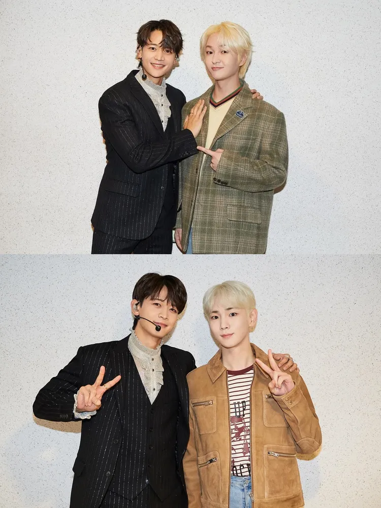 珉豪上周在首爾舉行見面會，找來隊長溫流（上圖右）、KEY（下圖右）擔任主持人。翻攝SHINee IG