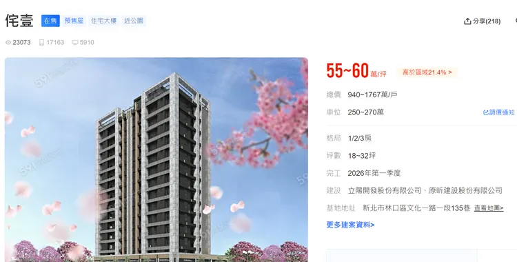 林口銷售中的預售案「侘壹」最高開價6字頭。