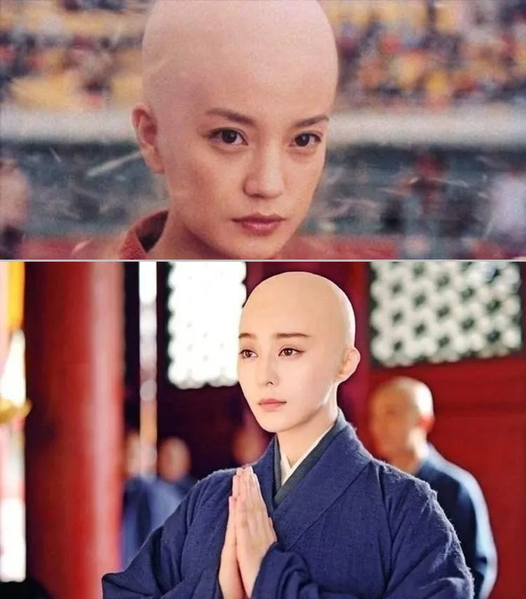 趙薇（上）、范冰冰都曾經以光頭造型現身。翻攝騰訊娛樂