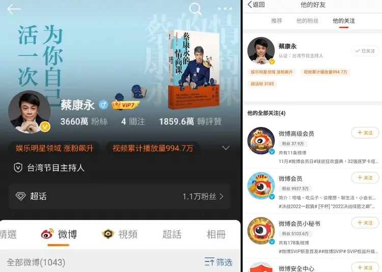 蔡康永將微博內容設為僅半年可見，並取消所有關注，剩下系統預設的小幫手帳號。翻攝蔡康永微博
