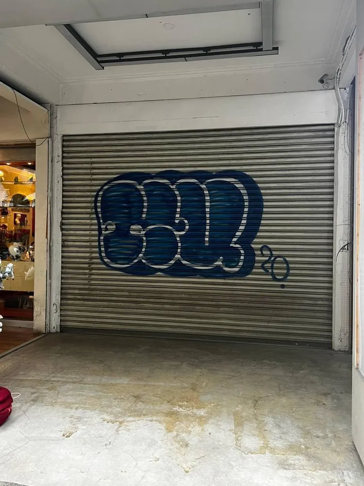 新崛江店面的鐵捲門遭塗鴉。翻攝自高雄大小事