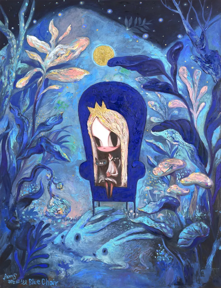 Jamsan蠶山插畫作品「藍椅子」（油彩、畫布_112 x145cm_2021）。Jamsan是位從事各跨越商業和藝術領域的韓國藝術家，也是近年知名韓劇<雖然是神經病但沒關係>御用插畫藝術家。主辦單位提供