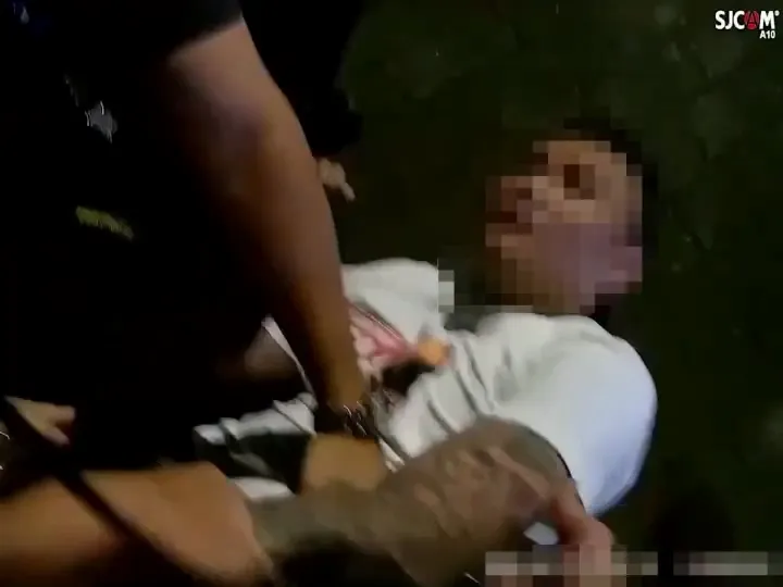 警方勸阻李男不聽，將李男壓制上銬。翻攝畫面