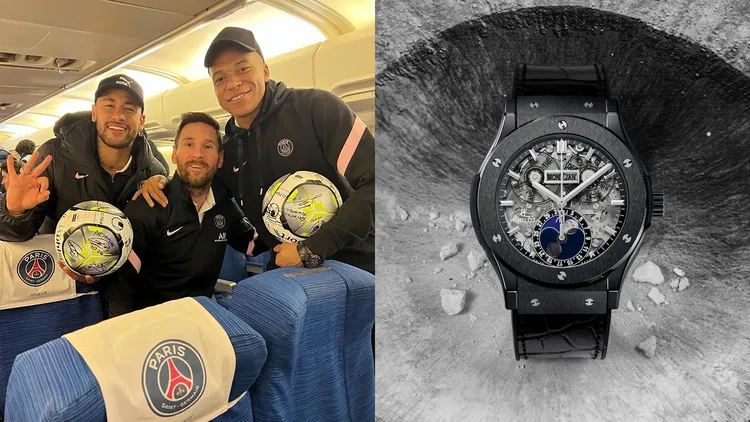 穆巴佩（左圖右，翻攝k.mbappe IG）在同隊隊友內馬爾（左圖左）及梅西（左圖中）面前，秀出一手HUBLOT經典融合系列月相陶瓷計時碼錶（右，品牌提供），56萬3000元。