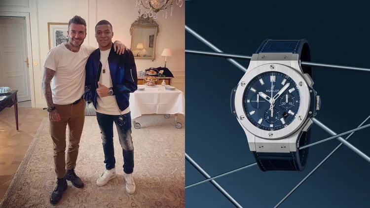 穆巴佩（左圖右，翻攝k.mbappe IG）在和英國前「足球金童」貝克漢合影時，佩戴了HUBLOT旗下Big Bang精鋼藍面計時碼錶（右，品牌提供），41萬6000元。